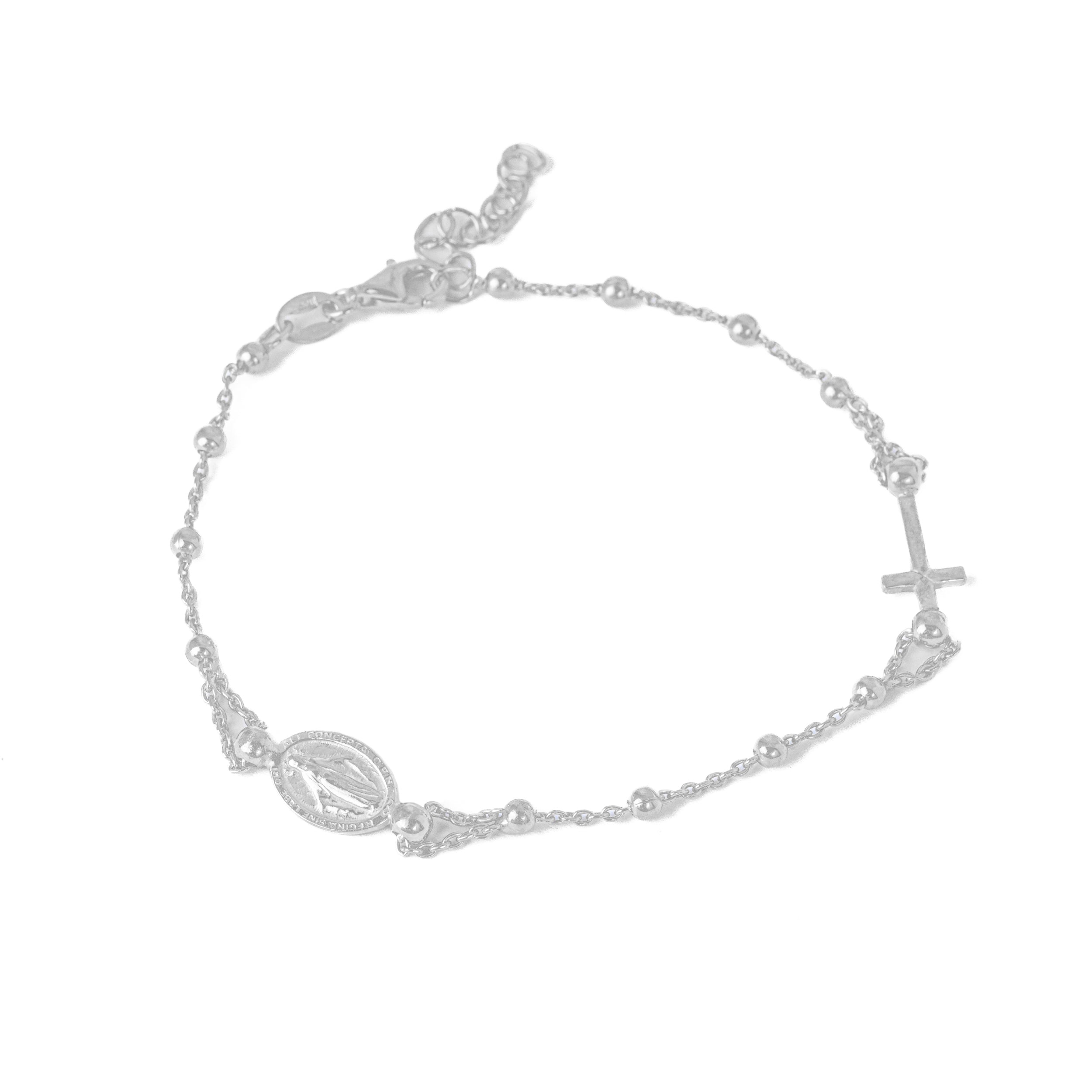 Bracciale "3 + 3" di Grano Liscio con Croce e Madonna Miracolosa. Argento 925.