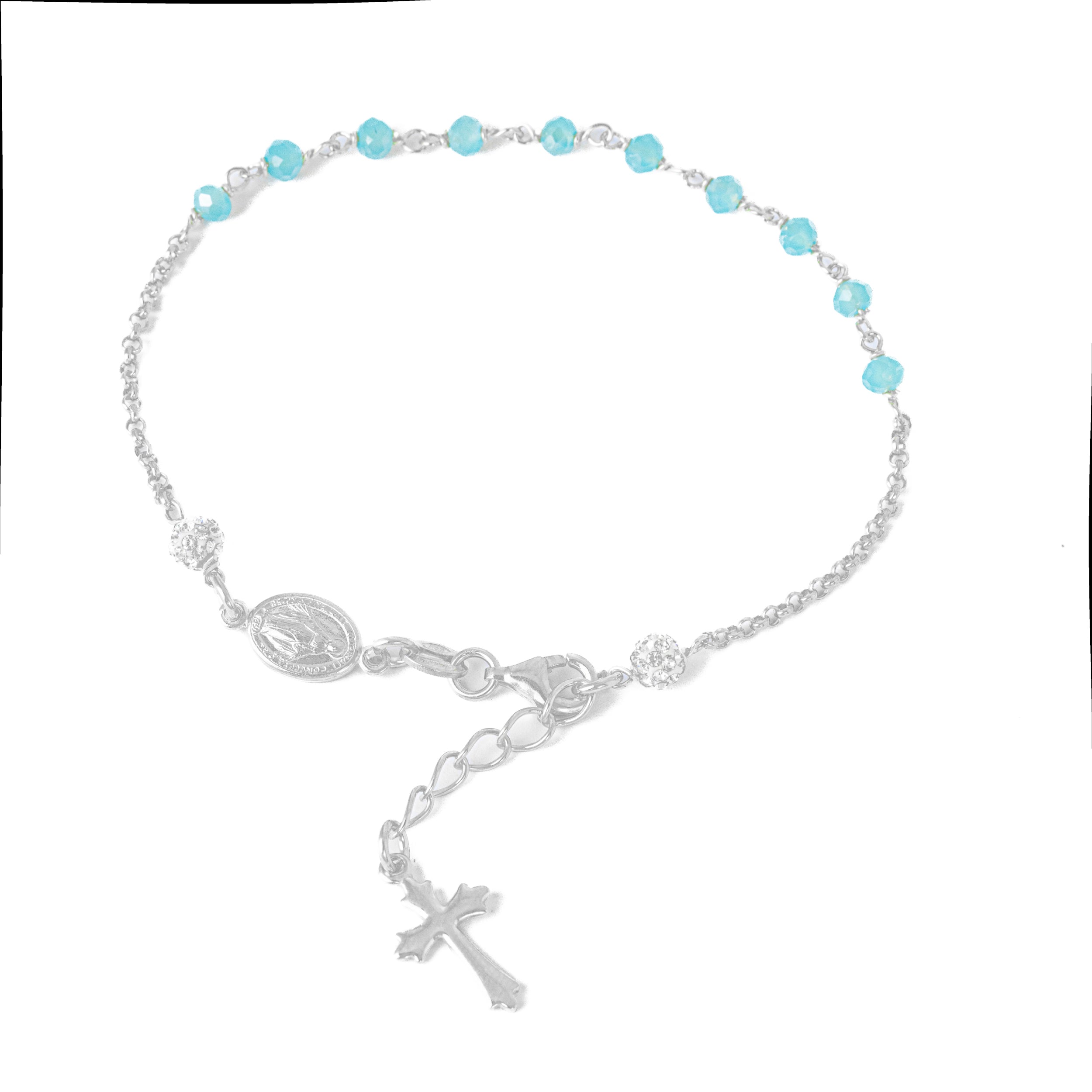 Bracciale Decina argento 925. Con grani Celeste da 3mm e Madonna Miracolosa con 2 Paline con Cristalli