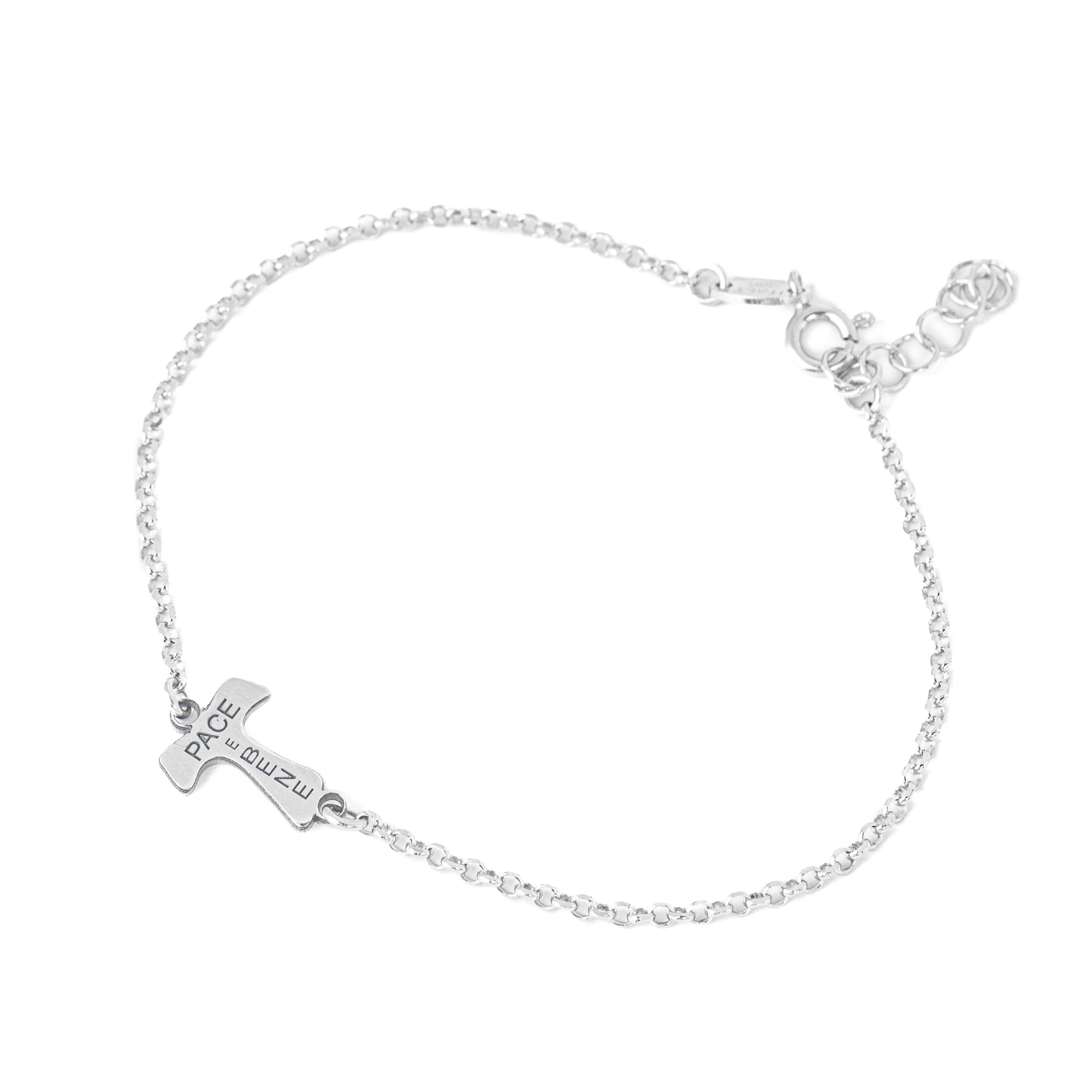 Bracciale in argento 925 con croce Tao fatta a mano e con scritta "Pace e bene"