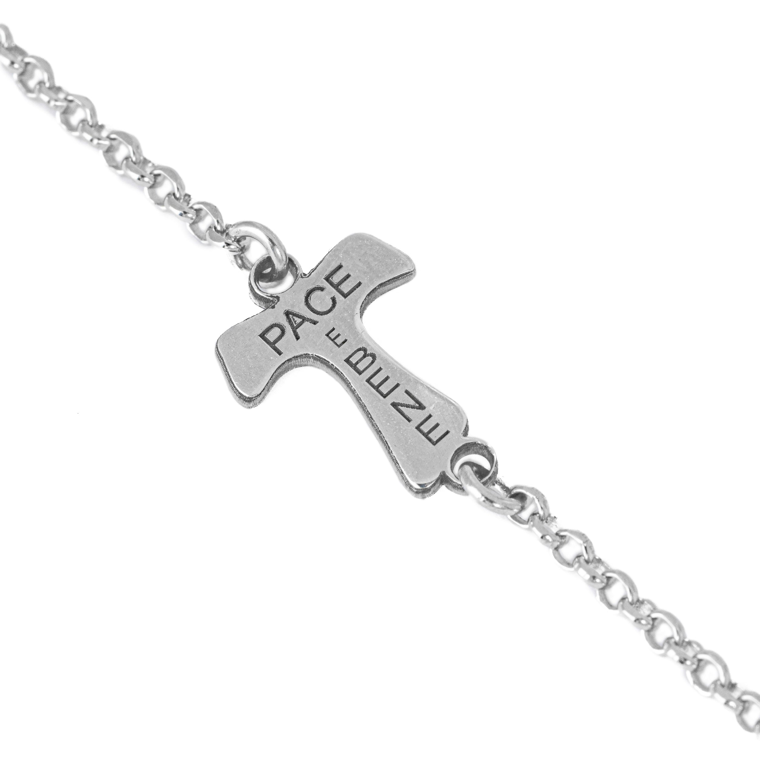 Bracciale in argento 925 con croce Tao fatta a mano e con scritta "Pace e bene"