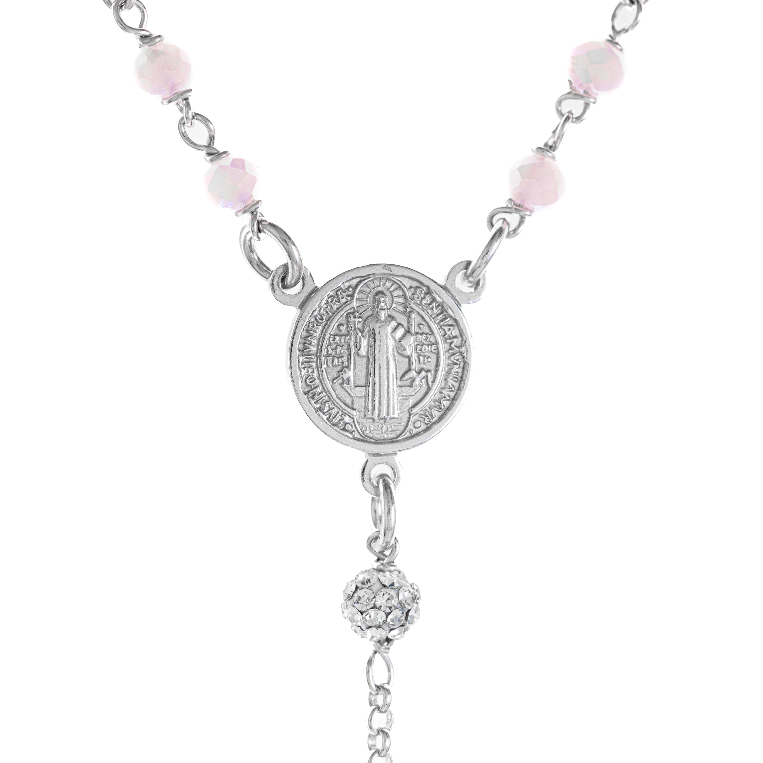 Rosario Argento 925 e Medaglia di San Benedetto. Grani Rosa da 3,5 mm