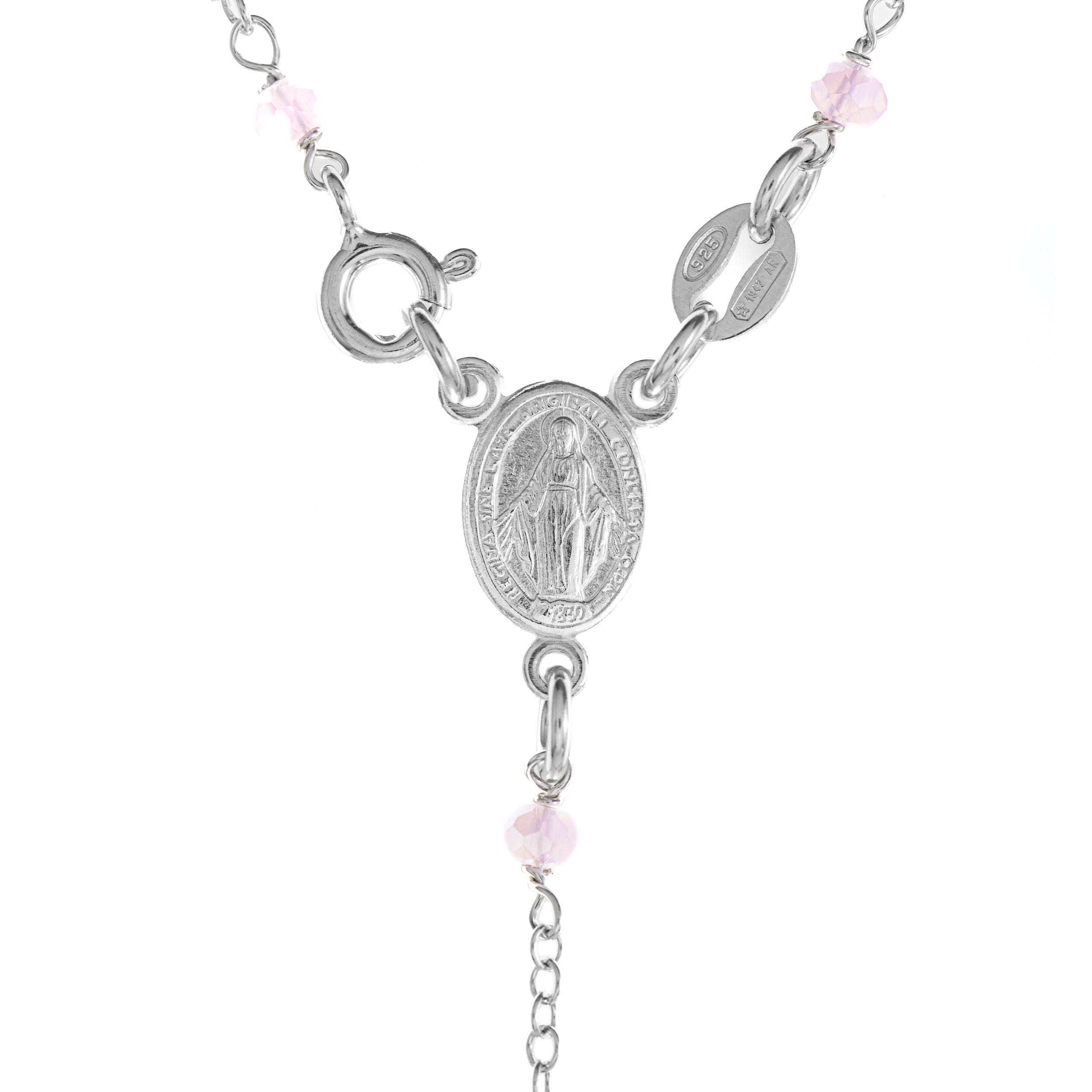 Rosario Argento 925 con Madonna Miracolosa. Grano Rosa da 3mm.