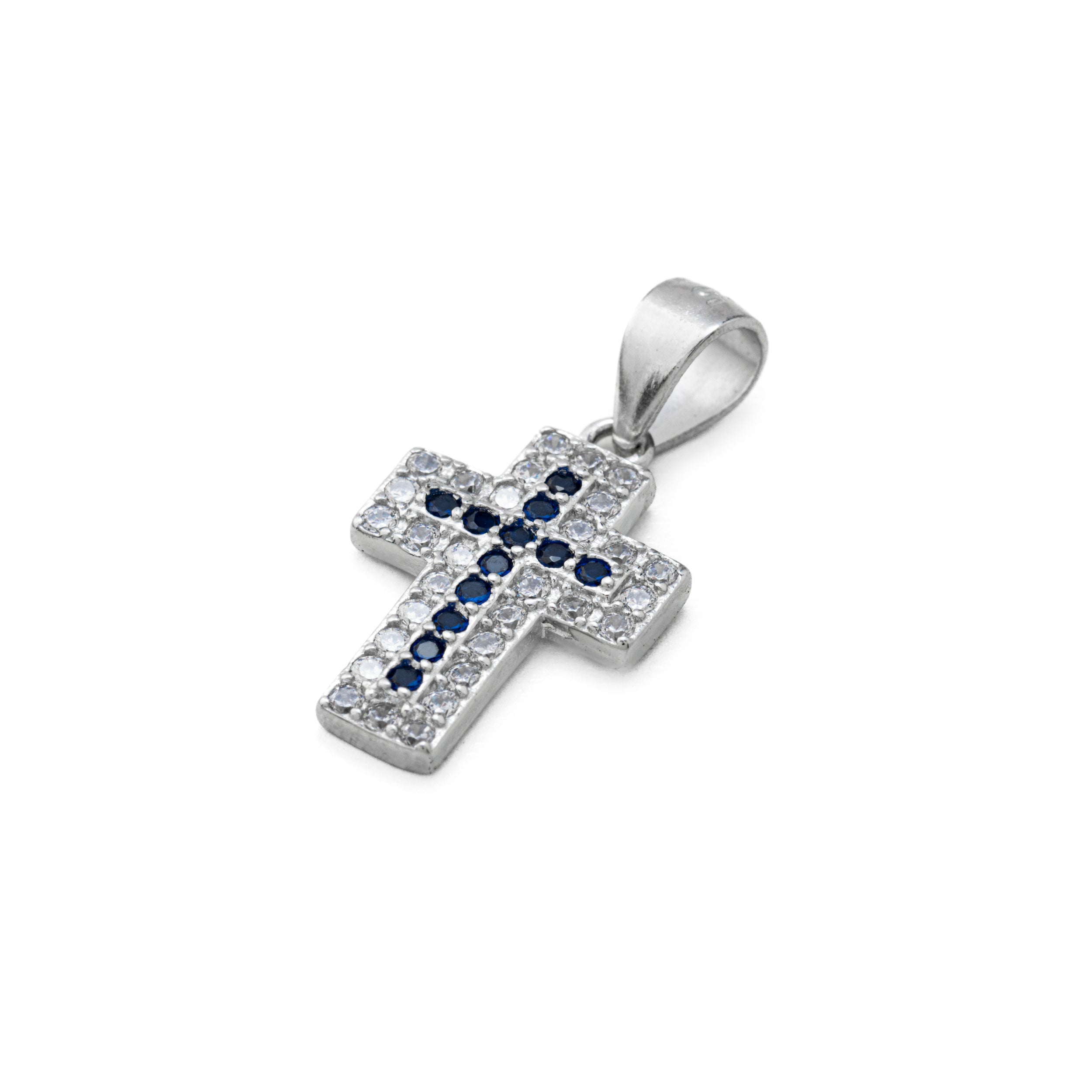 925 Silver Cross with White and Blue Zircons