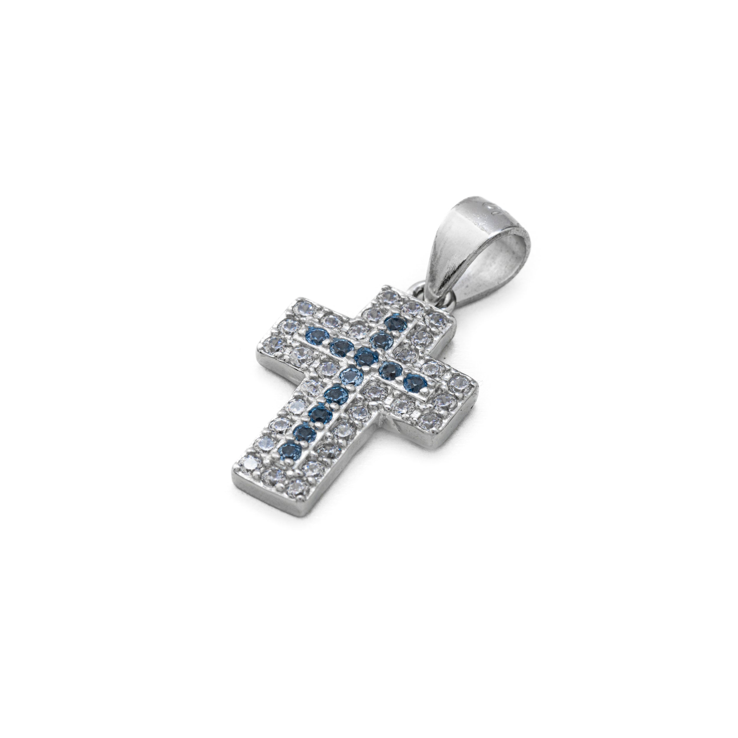 925 Silver Cross with White and Blue Zircons