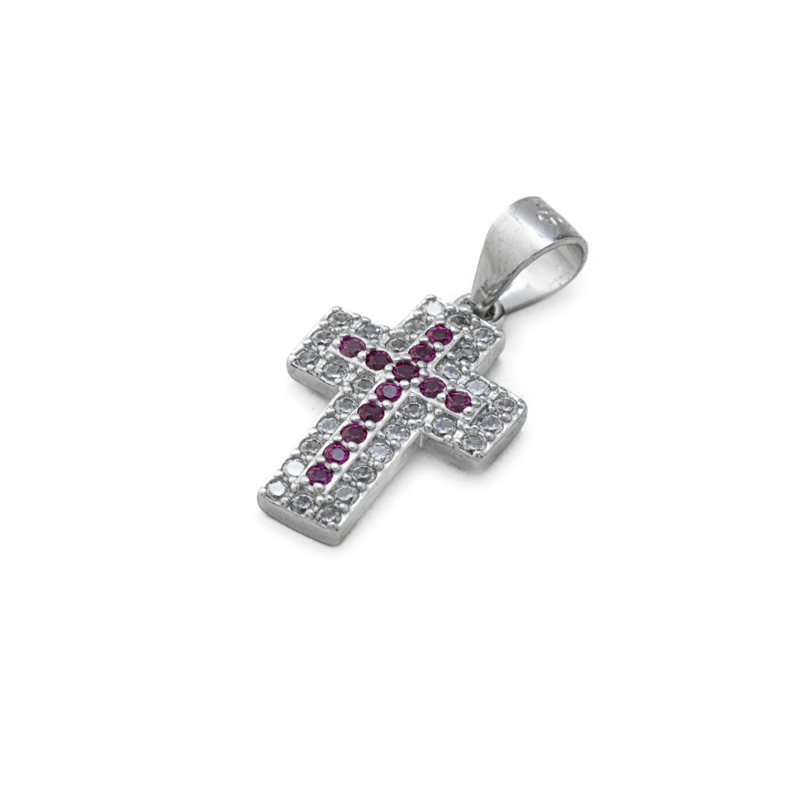 925 Silver Cross with White and Red Zircons