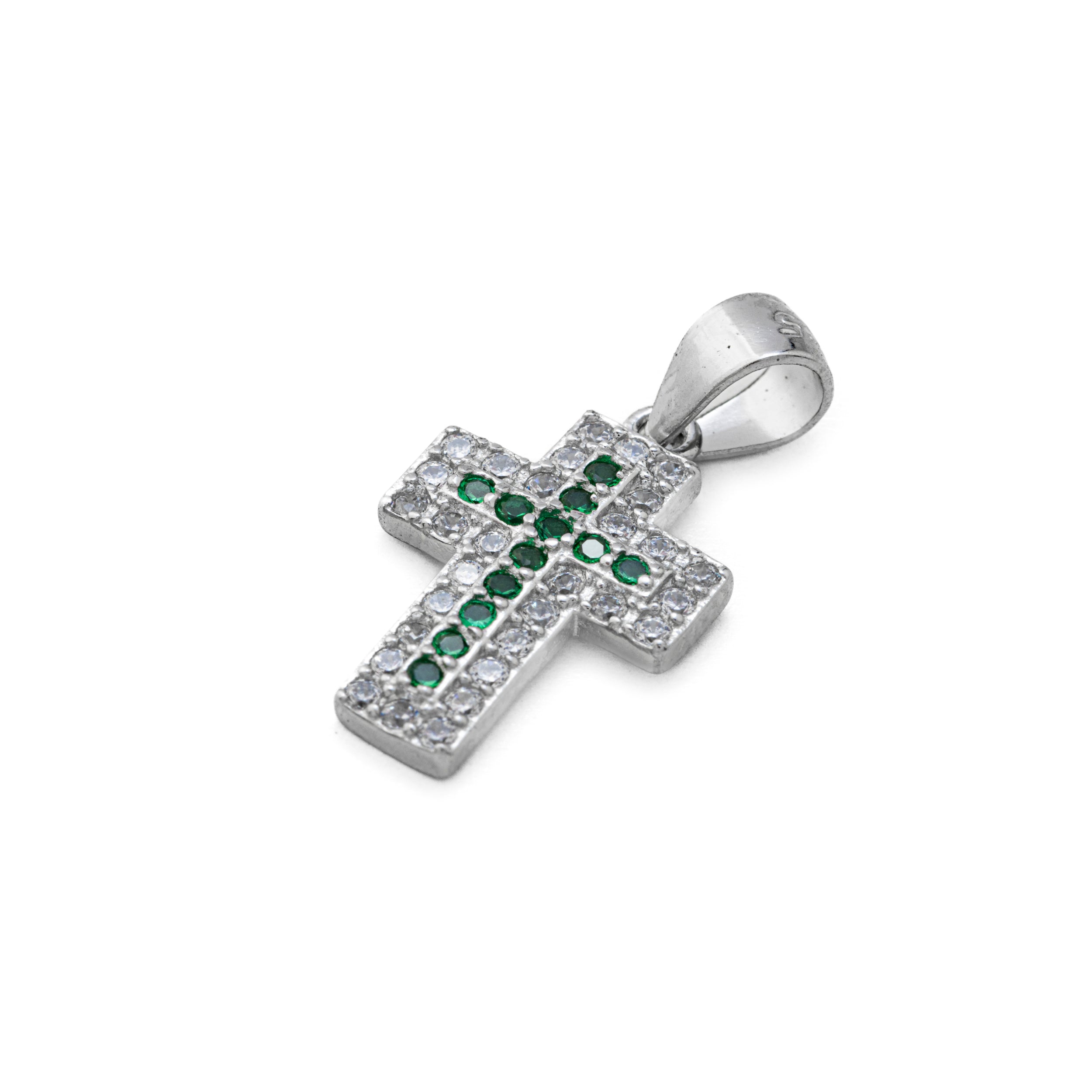 925 Silver Cross with White and Green Zircons