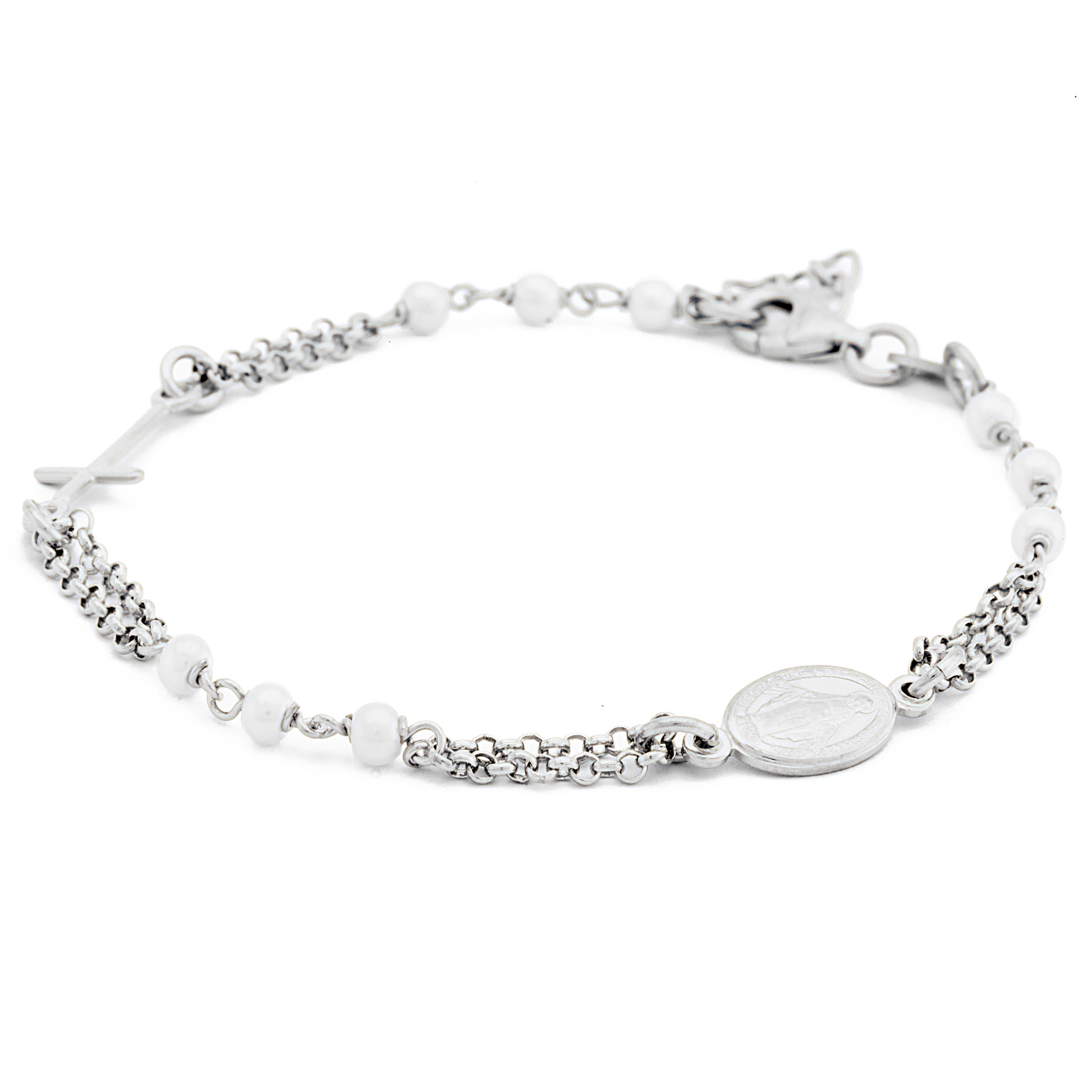 Double strand pearl bracelet in 925 silver. With 3mm beads and Miraculous Madonna