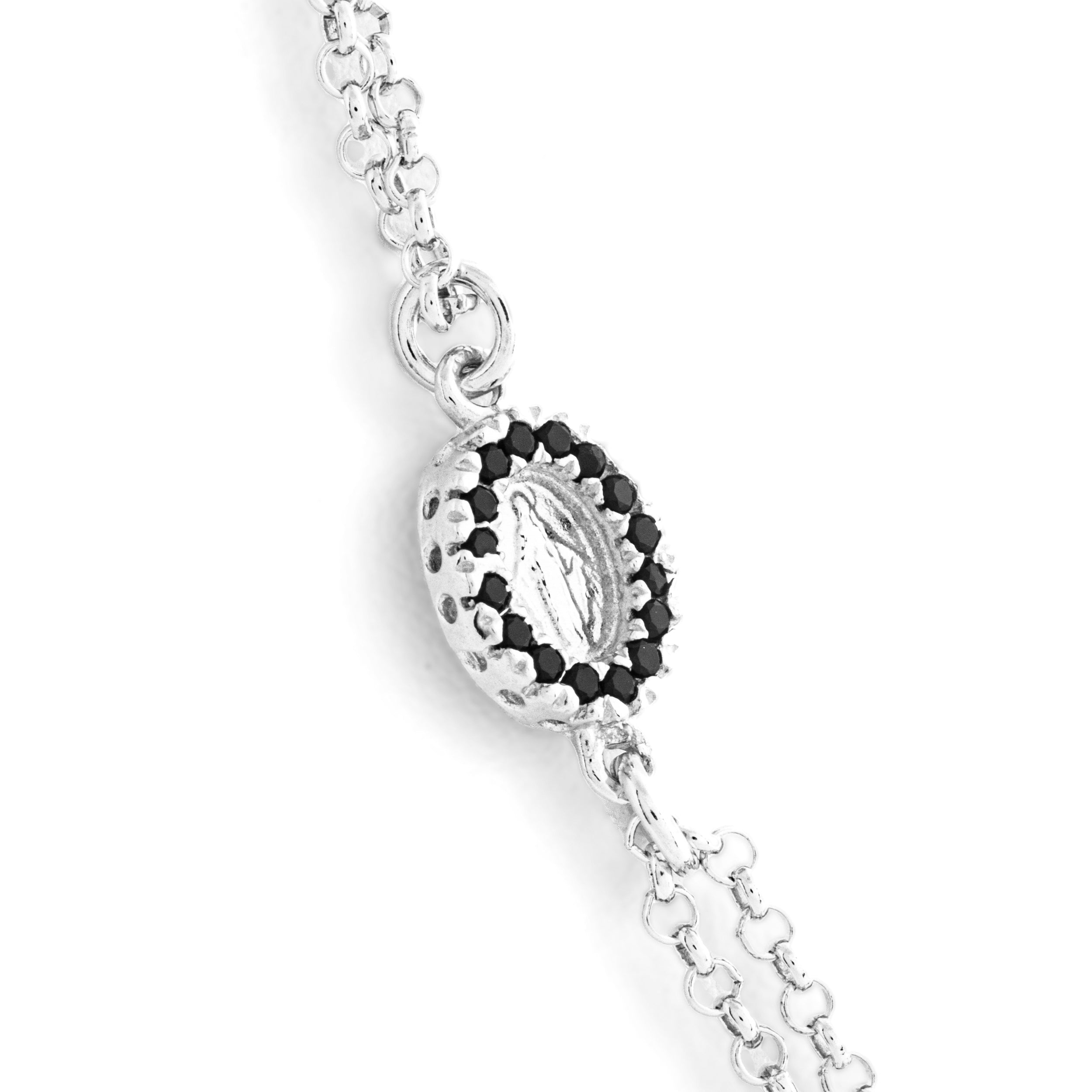 Collana Rosario in Argento 925. Granni 3mm e Madonna Miracolosa con Zirconi Neri