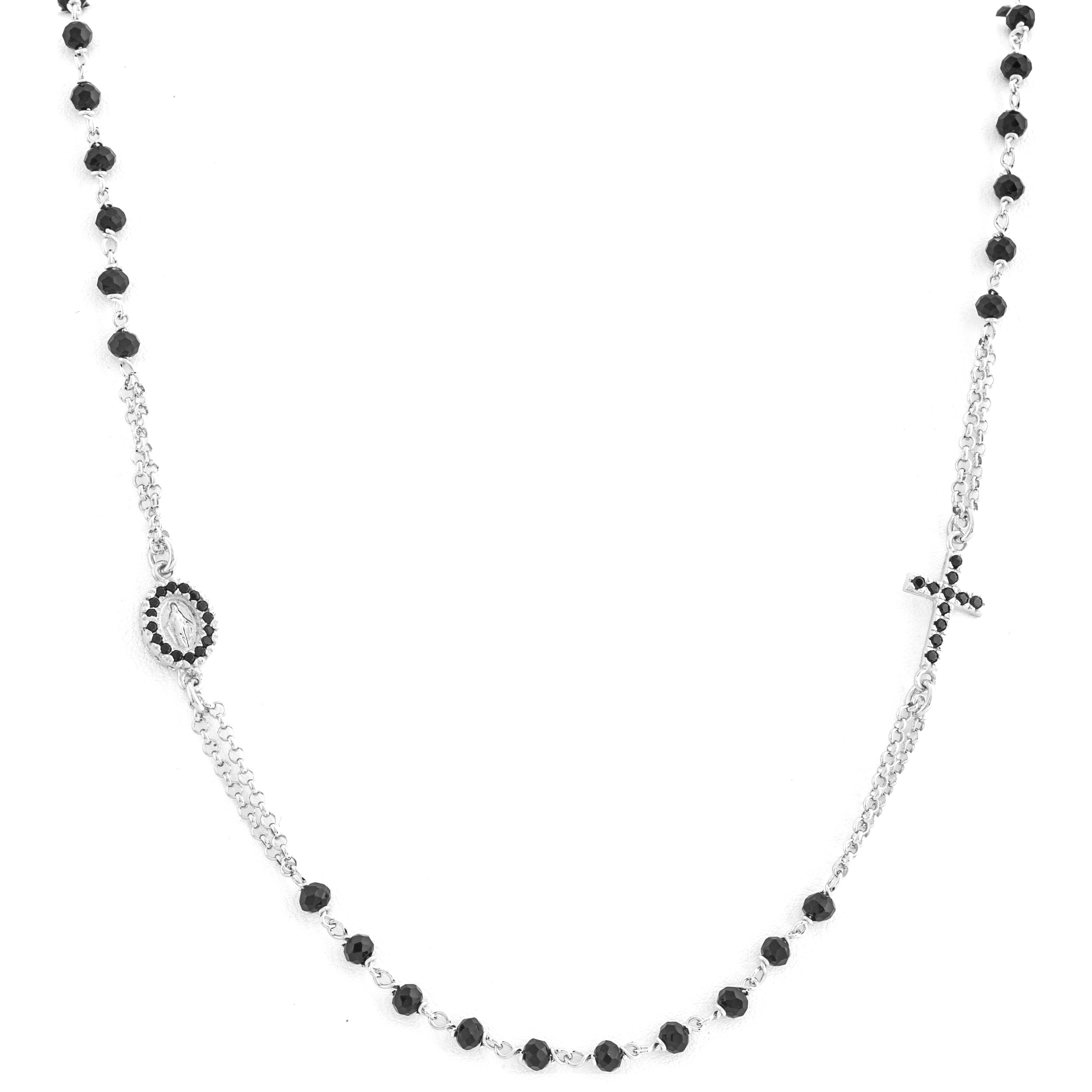 Collana Rosario in Argento 925. Granni 3mm e Madonna Miracolosa con Zirconi Neri