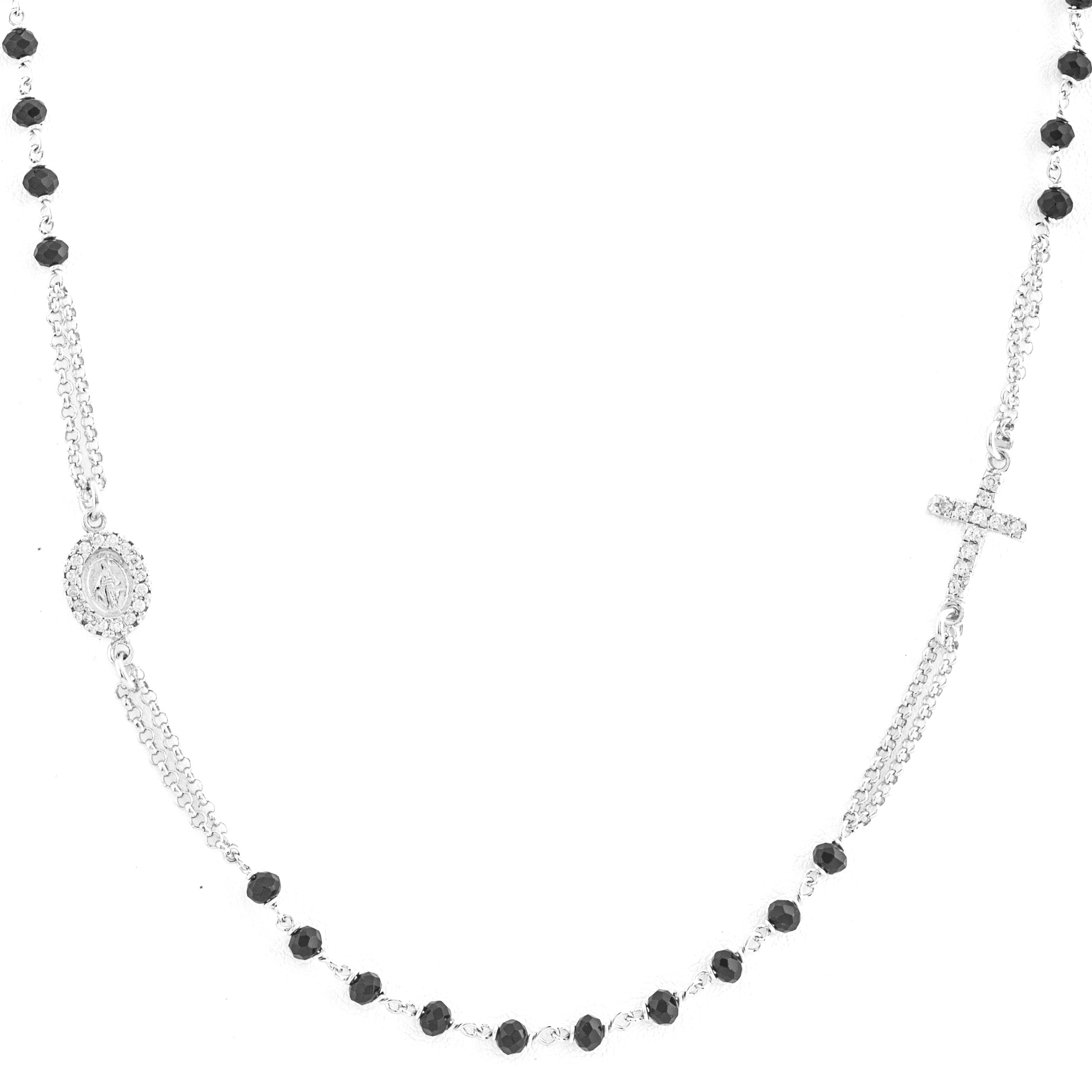 Collana Rosario in Argento 925 con Granni da 3mm con Madonna Miracolosa e zirconi bianchi