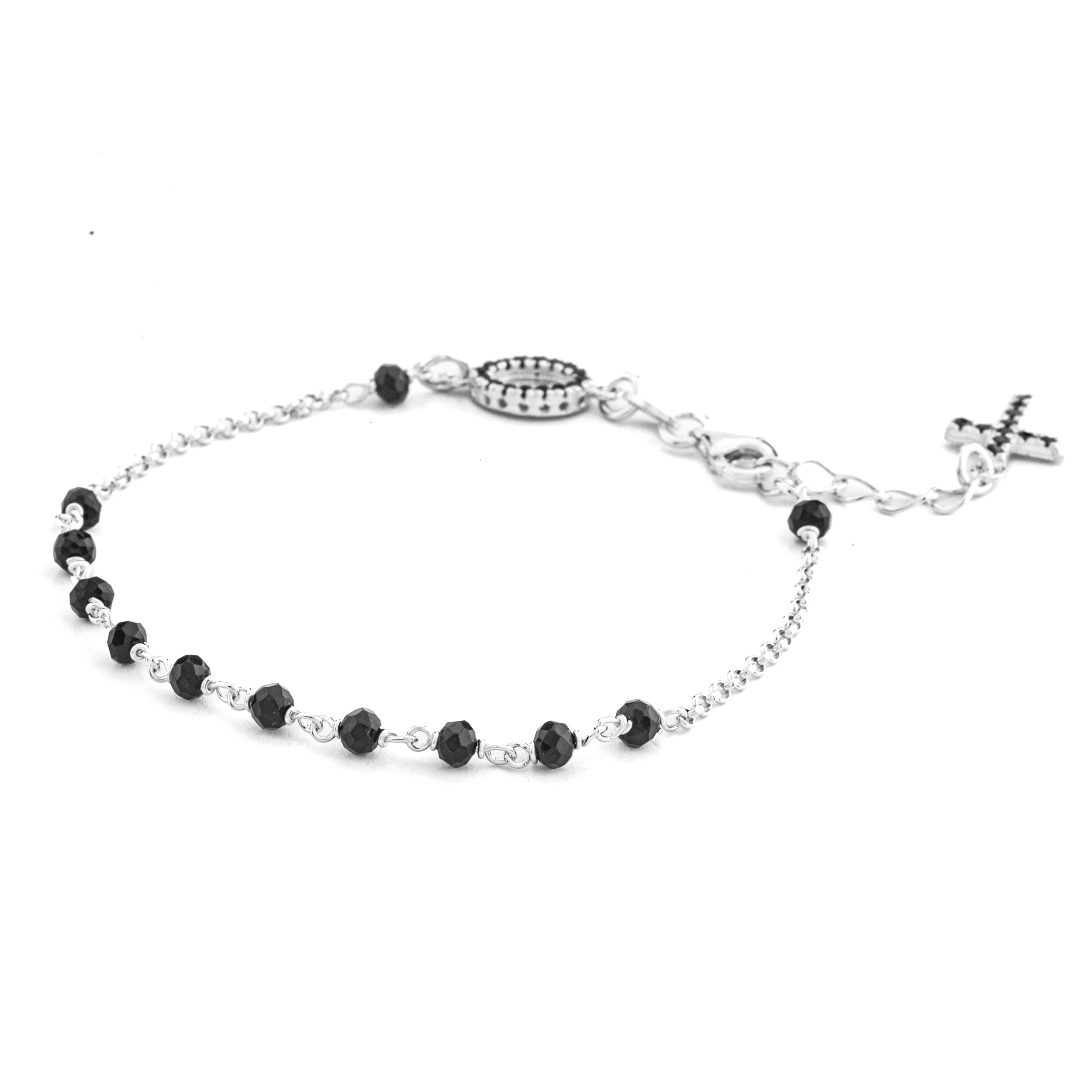 Bracciale argento 925. Con grani da 3mm e Madonna Miracolosa con Zirconi Neri