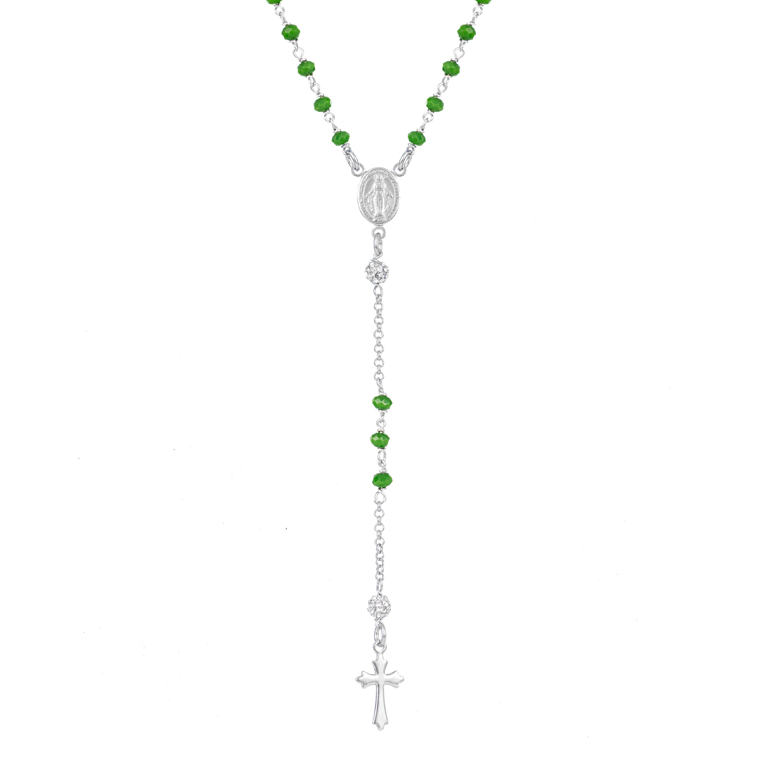 Rosario Madonna Miracolosa Verde grano da 3,5MM con palina con cristalli